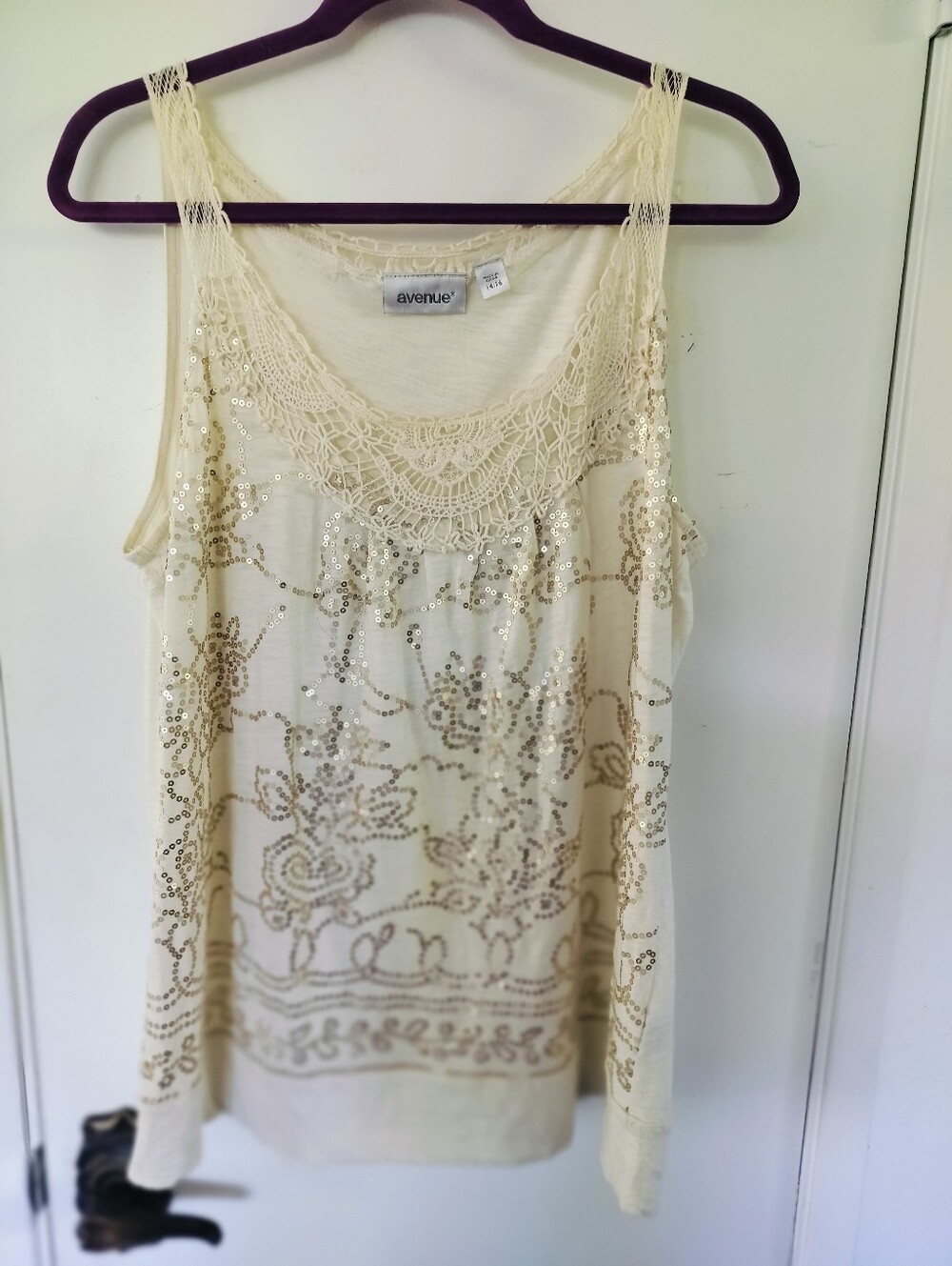 Avenue Vintage Boho Cream Cotton Sequin Tank Lace Crochet Y2K Plus Size 14/16